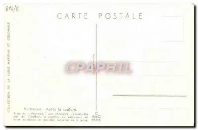 Zajęcie 'Warwicka' przez 'Atalantę' — Ligue Maritime et Coloniale — Wydawca AEC Paryż, n° 696/8 — Rewers