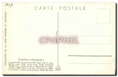 Torpilleiro « Bombarde » — Coleção da Liga Marítima e Colonial — Editor AEC Paris, n° 696/8 — Verso