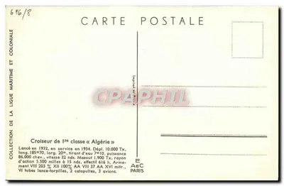 Crucero de primera clase «Algérie» — Colección de la Liga Marítima y Colonial — Editor AeC Paris, n° 616/8 — Reverso
