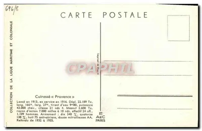 Cacciatorpediniere « Provence » — Collezione della Lega Marittima e Coloniale — Editore AEC Paris, n° 696/8 — Verso