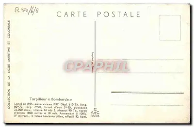 Torpilleur « Bombarde » — Coleção da Liga Marítima e Colonial — Editor A.E.C. Paris — Verso