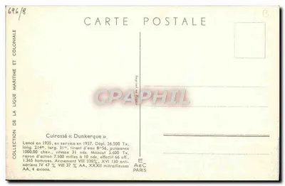 Cuirassé « Dunkerque » — Zbiór Ligi Morskiej i Kolonialnej — Wydawca AEC Paris — Rewers