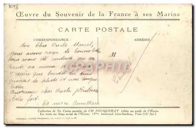 Para nuestros marineros — Canonniere del Yser, del Aisne y de la Mosa — CH. Fouqueray, n° 1098 — Reverso