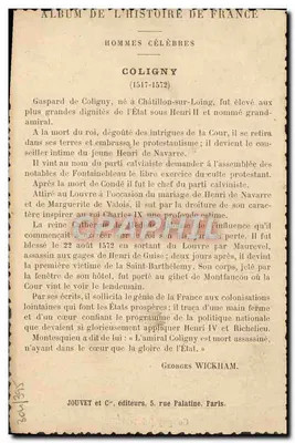 Coligny (1517-1572) — Album Historii Francji — wydawca Jouvet et Cie, Paryż — Rewers