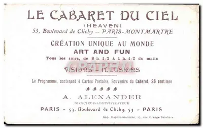 Heaven Art and Fun — Cabaret du Ciel à Montmartre — éditeur Imp. Rapide-Modérne — Achterkant