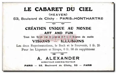 Ciel Illusions Visions — Cabaret du Ciel, Paris-Montmartre — éditeur A. Alexander — Verso