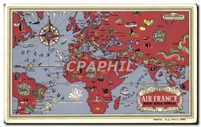 Cartão postal ilustrado do rede aérea mundial da Air France — editado por Pergeval, 16, rue d'Alibes, Paris