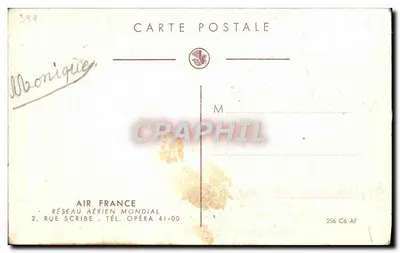 Cartão postal ilustrado do rede aérea mundial da Air France — editado por Pergeval, 16, rue d'Alibes, Paris — Verso