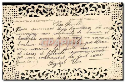 Flores em um carrinho — edição ornada com renda branca — A. L. P. D. — Verso
