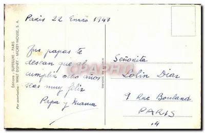 पुराना पोस्टकार्ड वॉल्ट डिज़नी पिनोकियो मिक्की माउस जेपेटो — पीछे