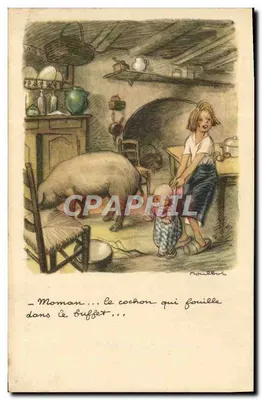 Criança e porco em uma cozinha — desenho de Roullot — número de série não visível