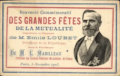 Bilhete postal antigo Souvenir das grandes festas da mutualité Mabilleau Emile Loubet 1905