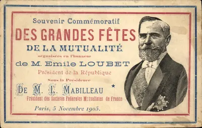 Bilhete postal antigo Lembrança das grandes festas da mutualidade Emilie Loubet 1905