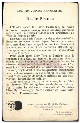 Ile-de-France — carte illustrée avec guerrière et carte de France — Édition spéciale des Produits Éclipse — Verso