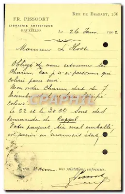 Bruxelas — Livraria artística — FR. PISSOORT — Verso