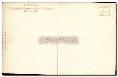 A Investida dos Dragões na Batalha de Bailleul — Outubro 1914 — A.H. Katz, 14 Boulevard Barbès, Paris — Verso