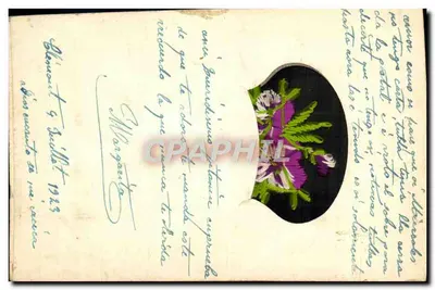 Arranjo de flores — motivo bordado — texto 'Mille Bons Baisers' — Verso
