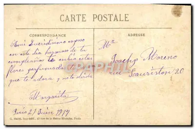 Arranjo de rosas e flores — poema amoroso — G. Harel, Paris — Verso