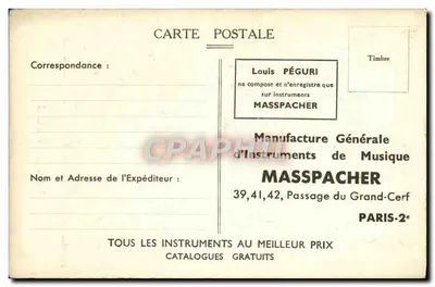 Louis Péguri — publicidad para los discos 'Cristal' y los instrumentos Masspacher — Manufacture Générale d'Instruments de Musique Masspacher — Reverso