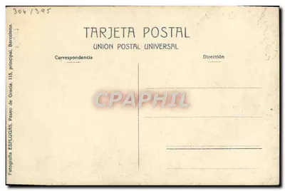 Kobieta w ciemnej sukni z motywami — fotografia studium — Union Postal Universal, Barcelonie — Rewers