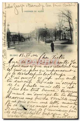 Jardines de Albía — vue panoramique avec un piéton — éditeur Flámer y Muntet, Madrid, n° 185