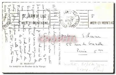 La tormenta en el Rocher de la Vierge — Biarritz — editor C.° Arts Photo, n°33 — Reverso