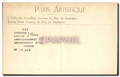 A Avenida dos Cavaleiros na Avenida do Bois de Boulogne — Paris Artistique, n° 10.468 — Verso
