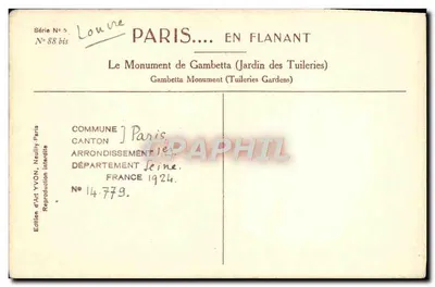Monumento de Gambetta — Jardim das Tuileries — Edição de Arte YVON, N°88 bis — Verso