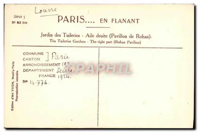 Jardim das Tuileries — Ala direita (Pavilhão de Rohan) — Edição de Arte YVON, Neully-sur-Marne — Verso
