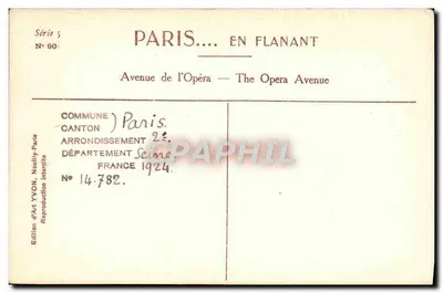 Avenida da Ópera — Paris — Edição de Arte Yvon, Série 5 N° 90 — Verso