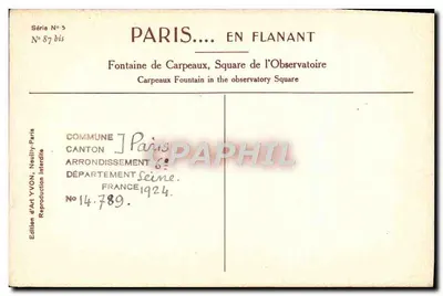 Fontana di Carpeaux, Piazza dell'Osservatorio — Parigi — Edizione d'Arte YVON, N°87 bis — Verso
