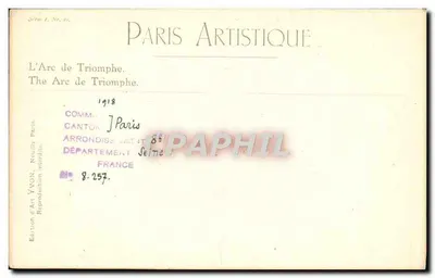 Arc de Triomphe — Paryż — Wydawnictwo Art YVON, seria 2, n° 8.257 — Rewers