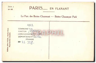 Parc des Buttes Chaumont — Vue du lac et du temple sur rocher — Édition d'Art Yvon, Série 3, N° 62 — Verso