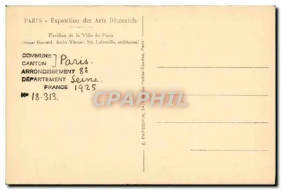 Pavilhão da Cidade de Paris — Exposição dos Artes Decorativas 1925 — Editor AP — Verso