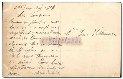 Scena zimowa — kobieta i dziecko obok domu — tekst 'Bonne Année' na dole — Rewers