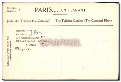 Jardín de las Tullerías — El Carrousel — Edición de Arte YVON, Naully-París — Reverso