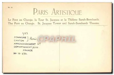 Parigi — Ponte au Change, Torre St-Jacques e Teatro Sarah-Bernhardt — Paris Artistique, n° 38 — Verso