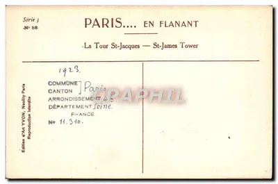 Wieża Świętego Jakuba — Tour St-Jacques — Wydawnictwo Art YVON, seria 3, nr 58 — Rewers