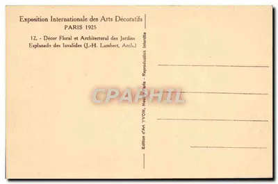 Floralny i architektoniczny dekor ogrodów — Międzynarodowa Wystawa Sztuki Dekoracyjnej — Paryż 1925 — Wydawnictwo Art YVON, Paryż — Rewers