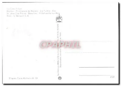 Côte d'Azur — Menton, Prinsengraaf van Monaco, La Turbie, Eze, St. Jean Cap Ferrat, Beaulieu-sur-Mer, Villefranche-sur-Mer, Nice, L'Aéroport C.A. — Uitgever Michelin, N° 4149 — Achterkant
