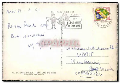La Côte d'Azur — Costume du pays — Cueillette des œillets — L. Gilletta et Cie — Verso