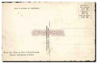 Dolne wąwozy Cians — Trasa Alp z Nice do Barcelonnette — Wydane przez Narodową Agencję Podróży, 12 Bulwar Cimiez, Nice — Rewers