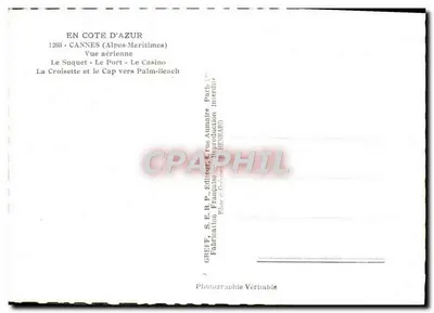 Cannes — Vista aérea — Le Suquet, Le Port, Le Casino, La Croisette e o Cap Palm Beach — Greff, S.E.B.P. Editor, Paris — Verso