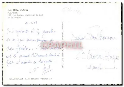 Cannes — Le Casino Municipal, le Port et le Suquet — Éditions Rella — Verso