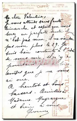 Cannes - Mont Chevalier i Port — Raphael Tucker Fils Ltd, Kolekcja 'Miasta Francji', seria 994 N° 125 — Rewers
