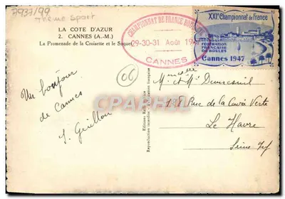 Stara pocztówka Cannes Promenada Croisette i Suquet znaczek z nadrukiem Mistrzostw w piłce 1947 — Rewers