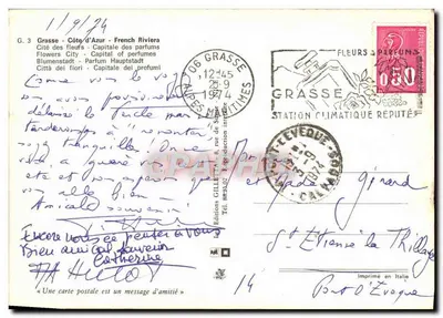 Tarjeta postal moderna Grasse Costa Azul Riviera francesa Ciudad de las flores Capital de los Perfumes — Reverso