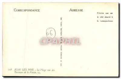Juan-les-Pins — A Praia vista das Terrasses da Pinède — Editor Lévy e Neurdein Réunis, Paris — Verso