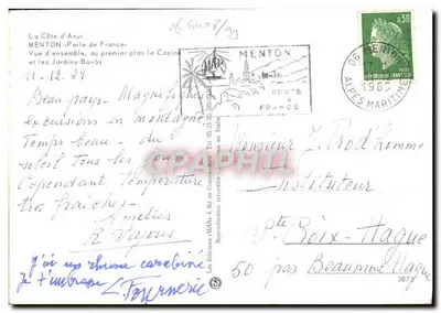 Menton — Perła Francji — Ogólny widok z kasynem i ogrodami Bovès — Wydawnictwo « MAB » — Rewers
