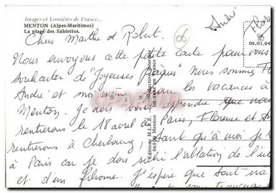 Menton — Spiaggia delle Sablettes — Edizioni M.I.R.E. Menton — Verso